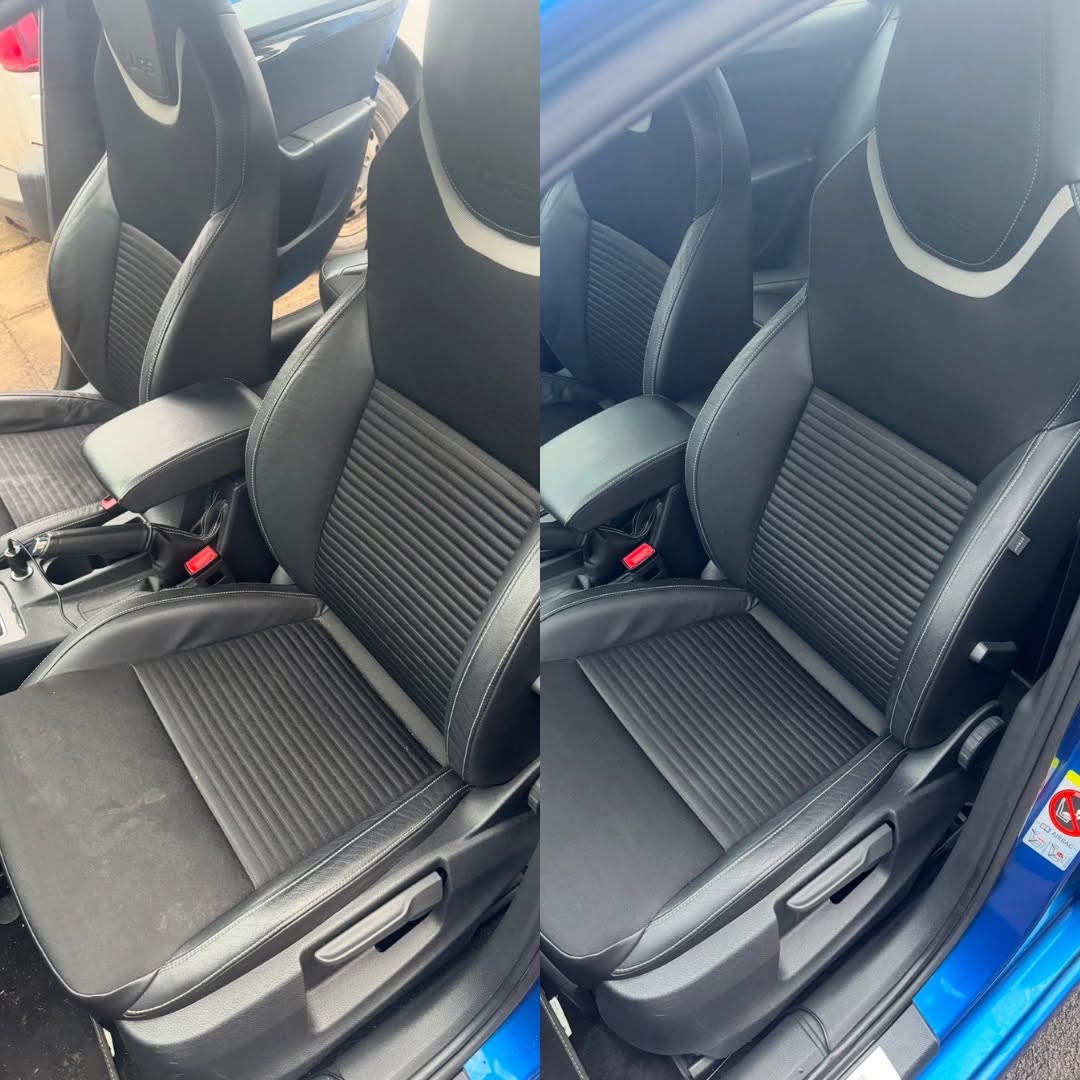 Side-by-side photographs of a front seat before and after interior cleaning