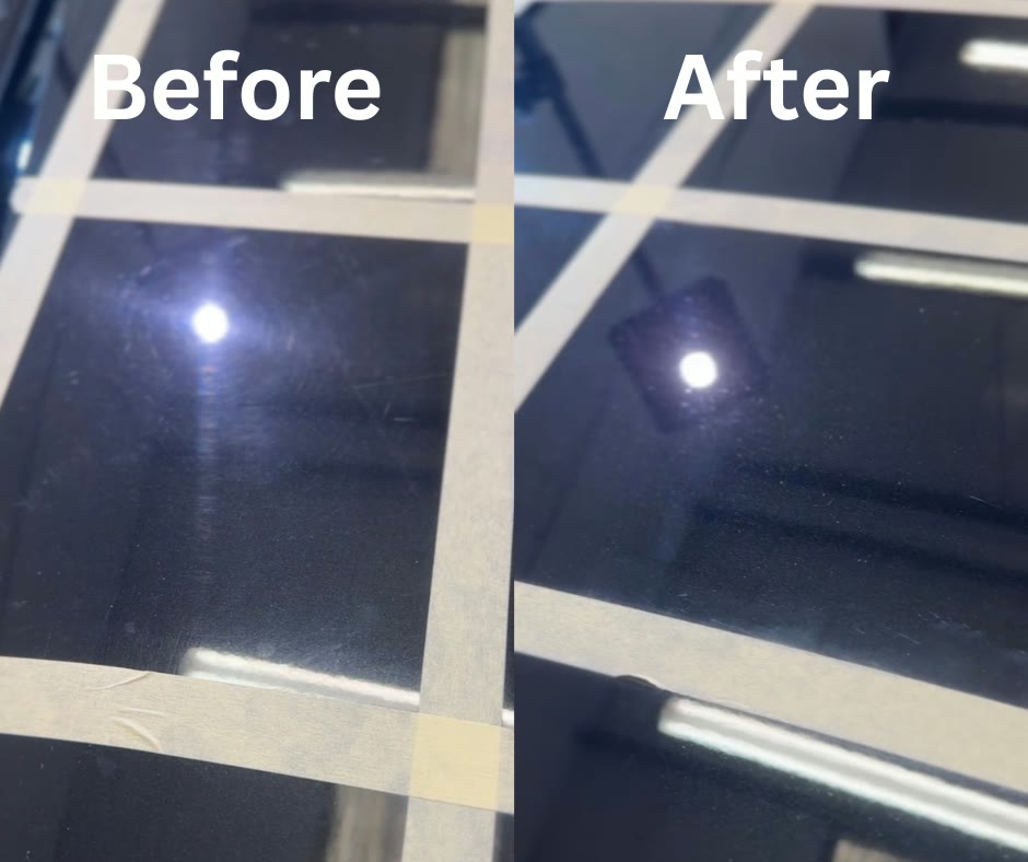 Side-by-side inspection photographs of black paint before and after refinement